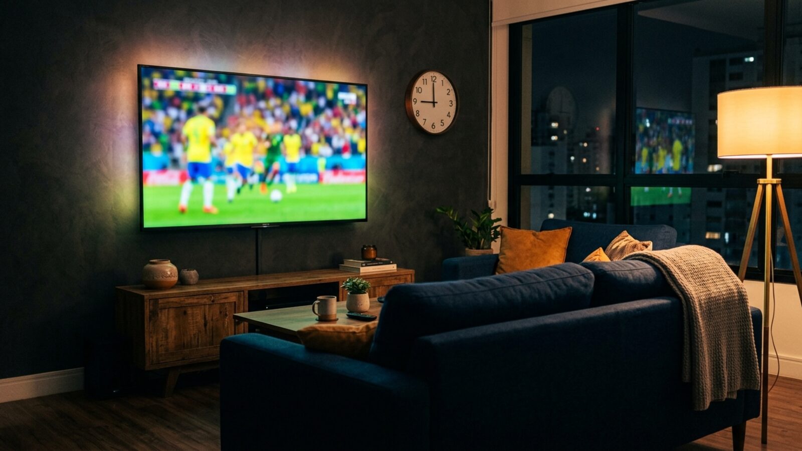 Relógio de 24 horas ao lado de TV com teste IPTV rodando · Core Play