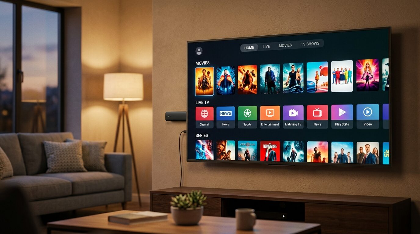 TV com streaming e dispositivo Roku conectado para teste IPTV · Core Play