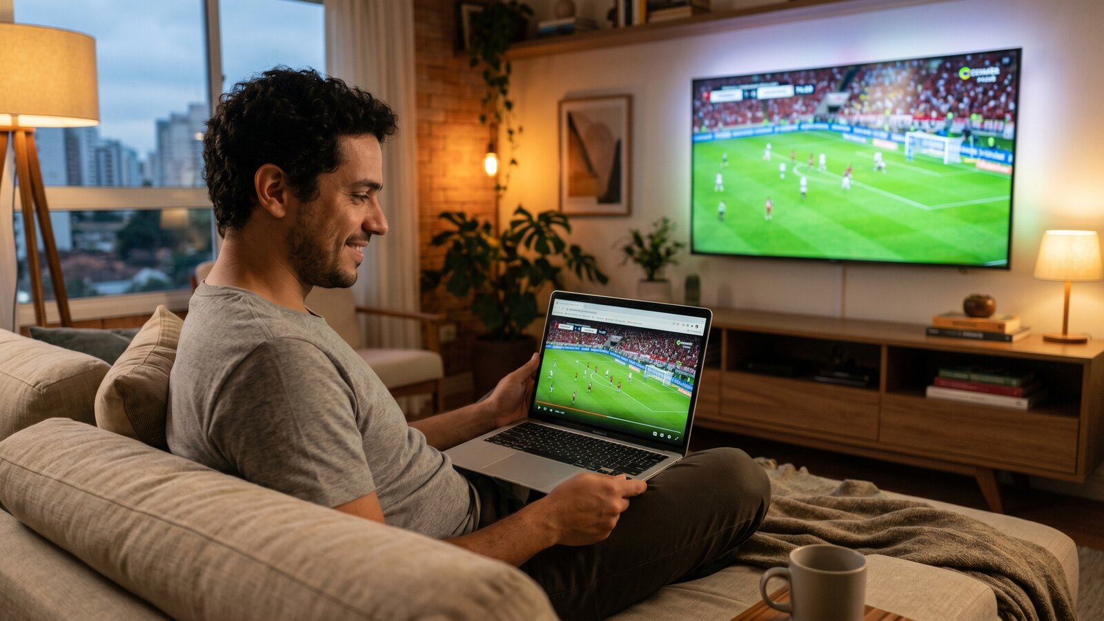 Pessoa assistindo IPTV online no navegador de um notebook, com Smart TV ao fundo