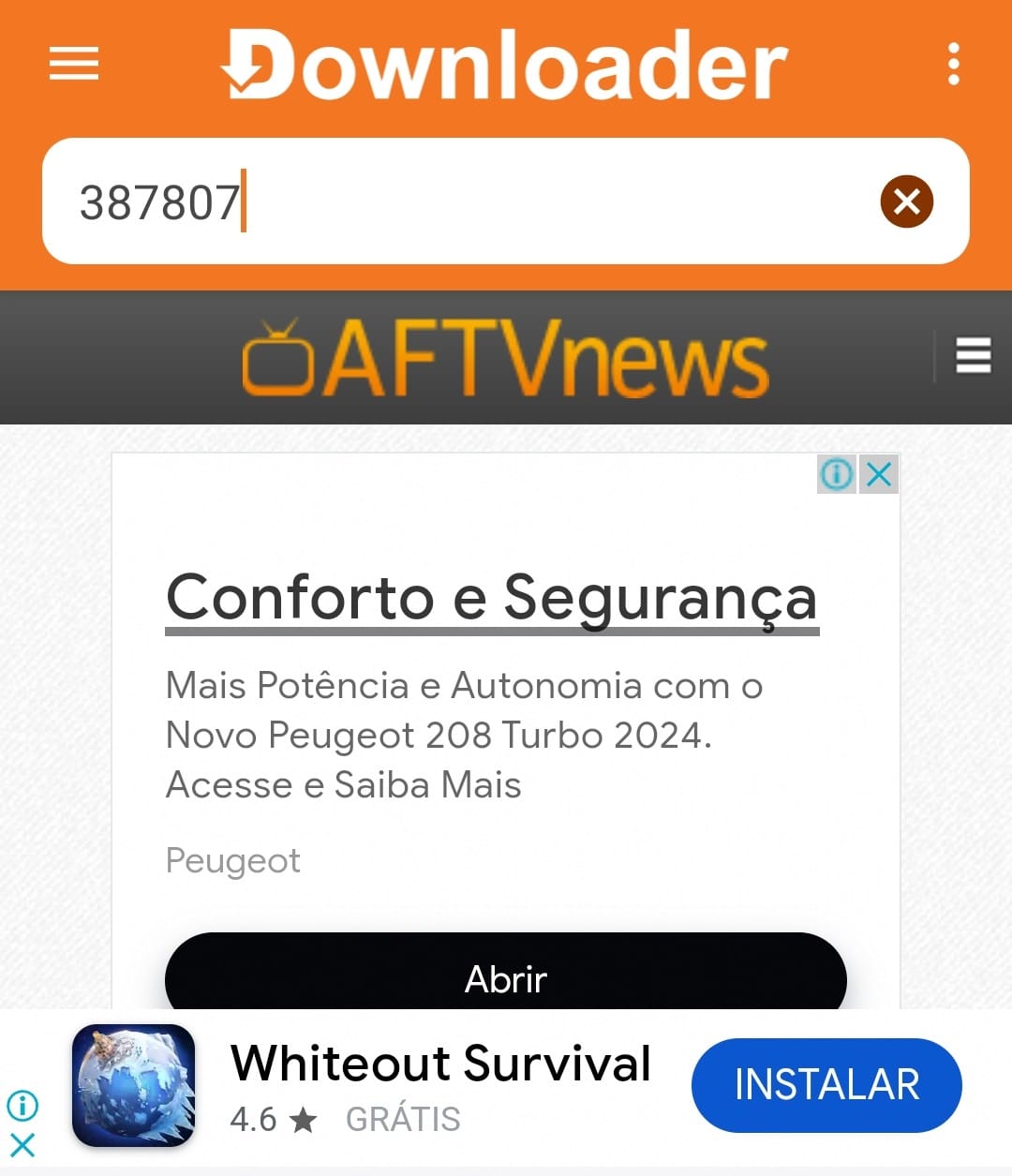 Captura de tela do código 387807 inserido no aplicativo Downloader
